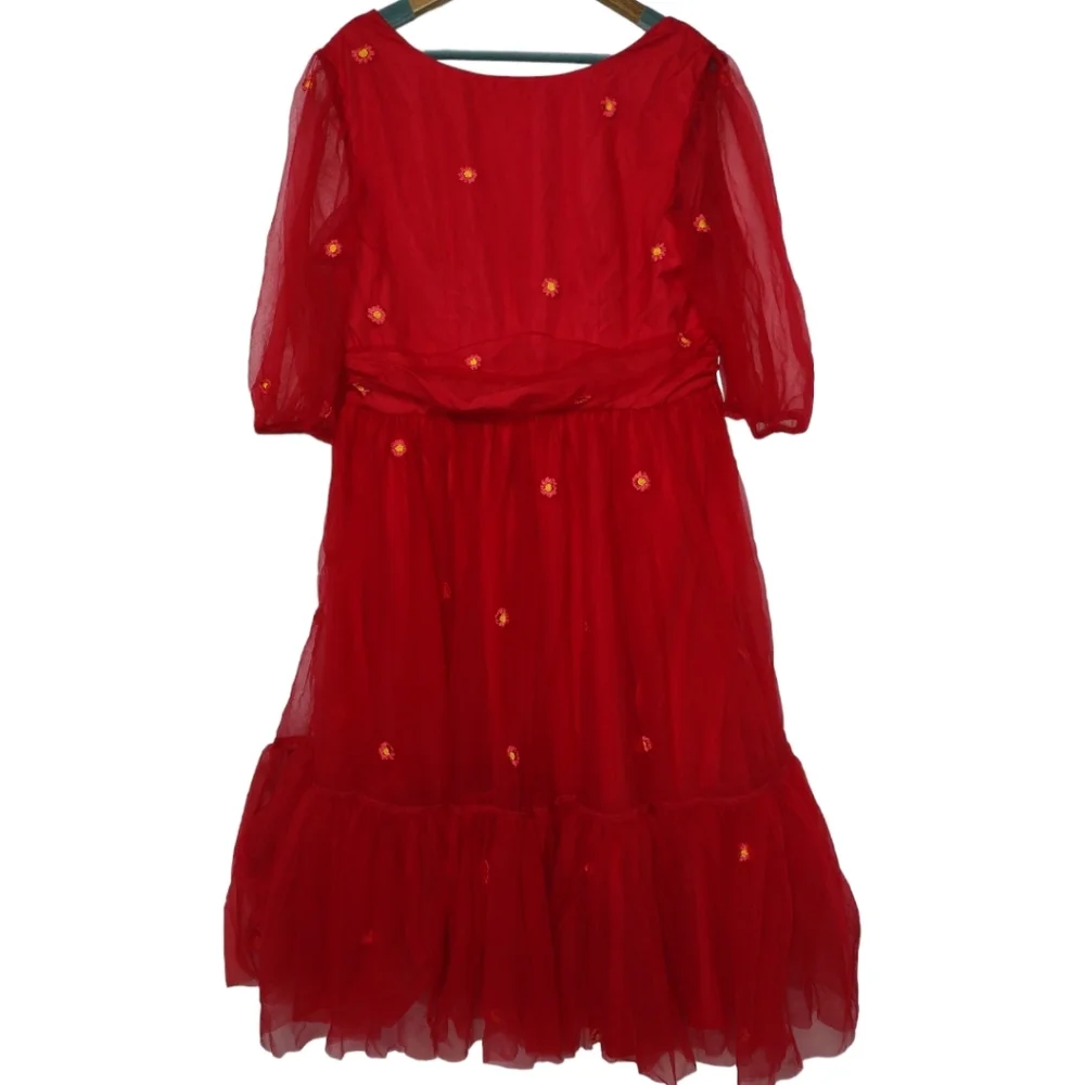 Eshakti Wayward Fancies Floral Embroidery Mesh Ruched Empire Dress